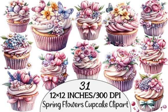 Download Watercolor Spring Flowers Cupcake Clipar - Flower Collection